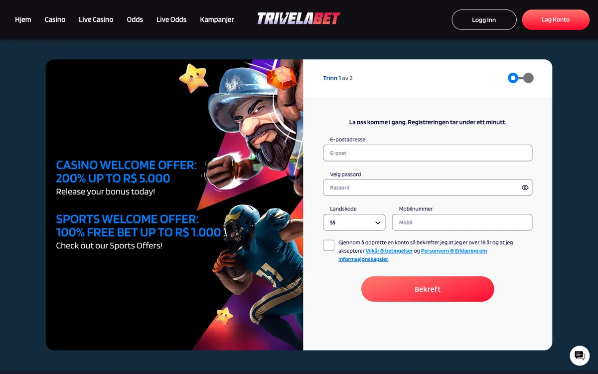 TrivelaBet Casino — Sign-up, captured from Norway