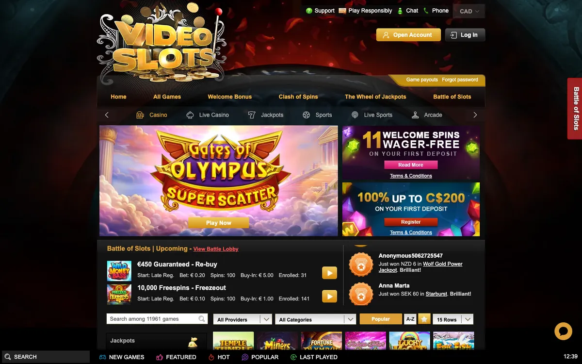 Videoslots Casino — Home page, captured from Canada