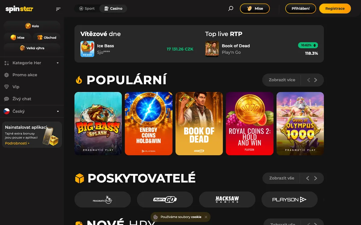 Spinstar Casino — Home page, captured from Czechia
