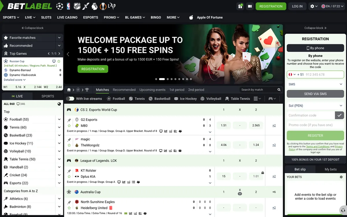 BetLabel Casino — Home page, captured from Peru