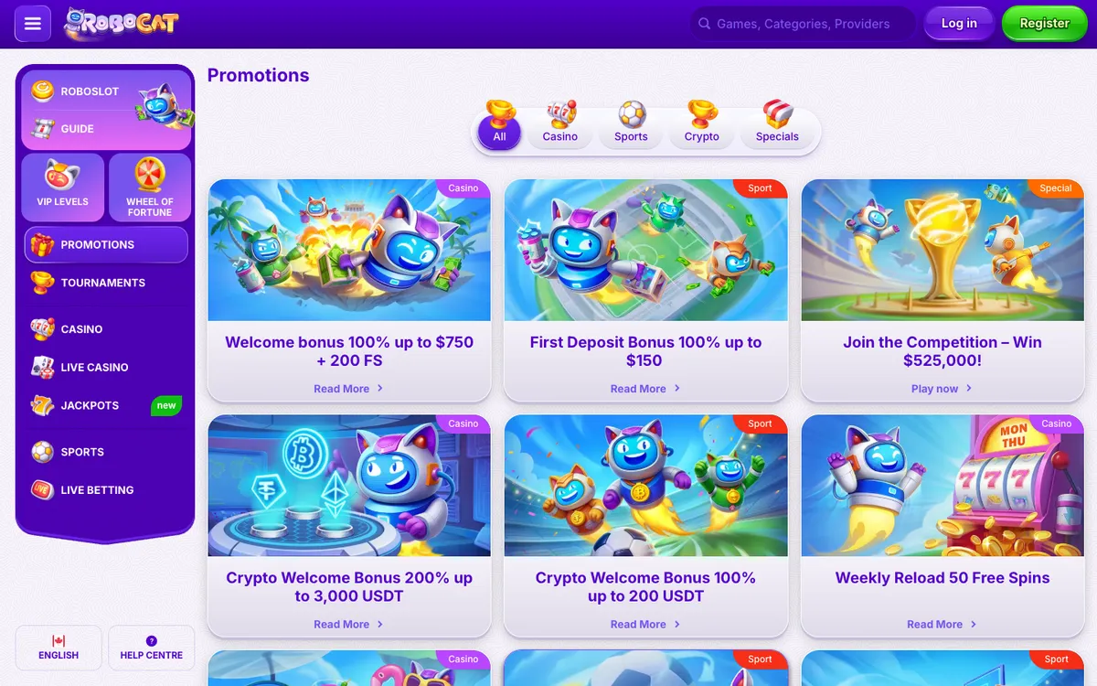 RoboCat Casino — Promotions, captured from Canada