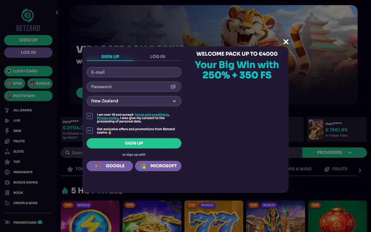 Betzard Casino — Sign-up, captured from New Zealand