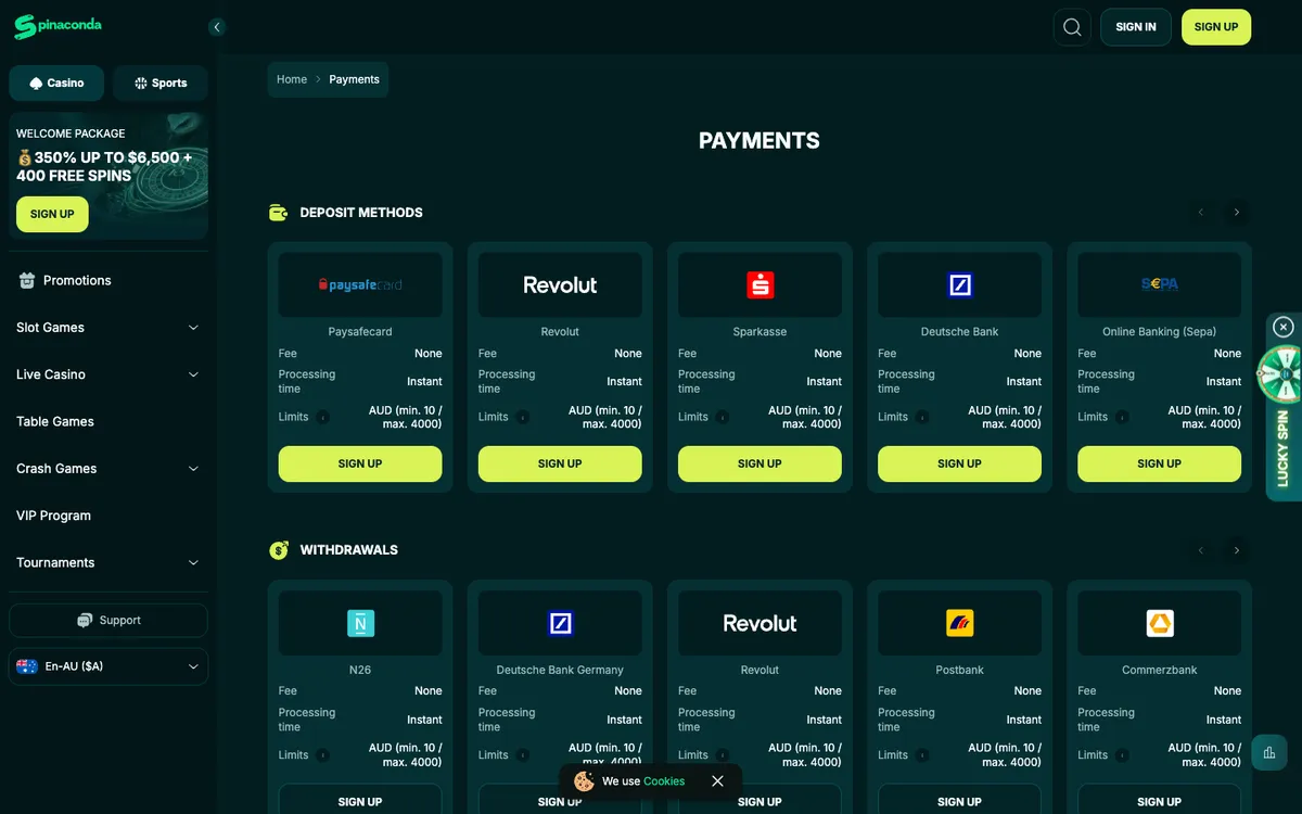 Spinaconda Casino — Payments, captured from Australia