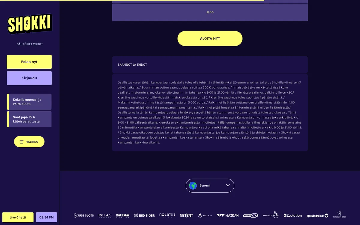 Shokki Casino — Promotions, captured from Finland