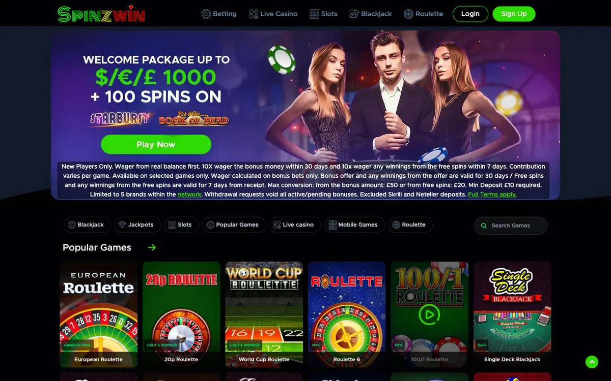 Spinzwin Casino — Home page, captured from Canada