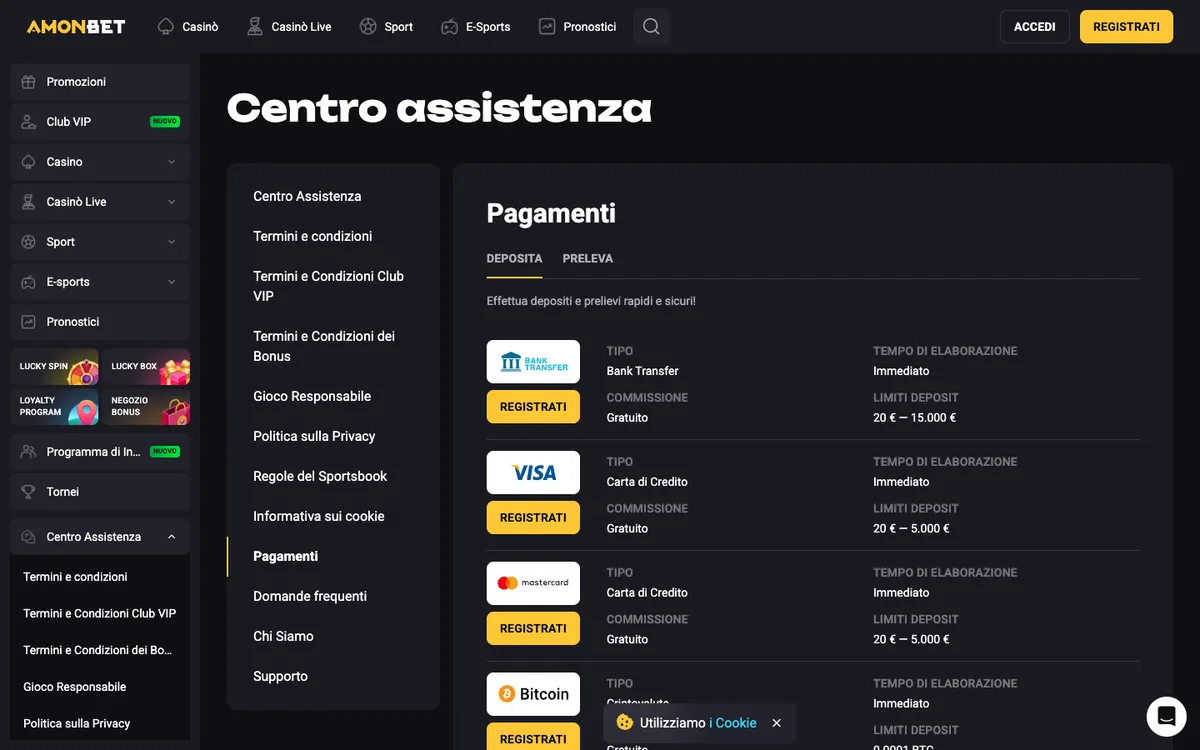 Amonbet Casino — Payments, captured from Italy