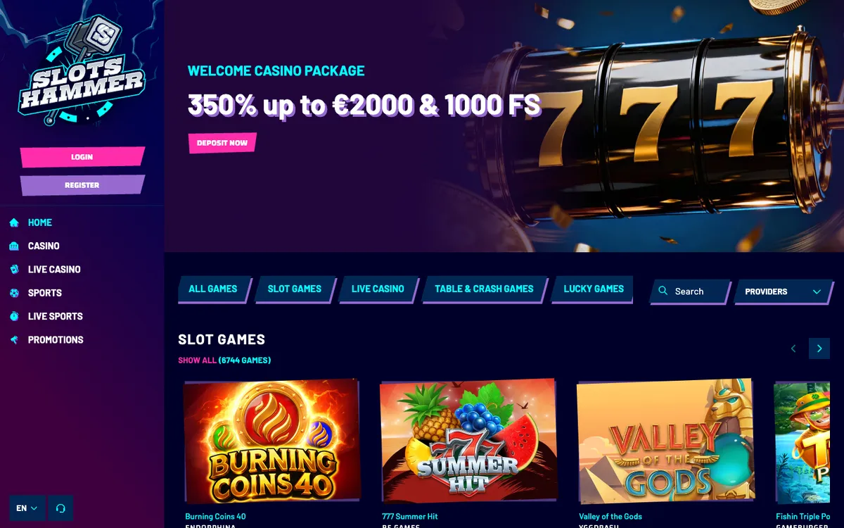Slots Hammer Casino — Home page, captured from Portugal