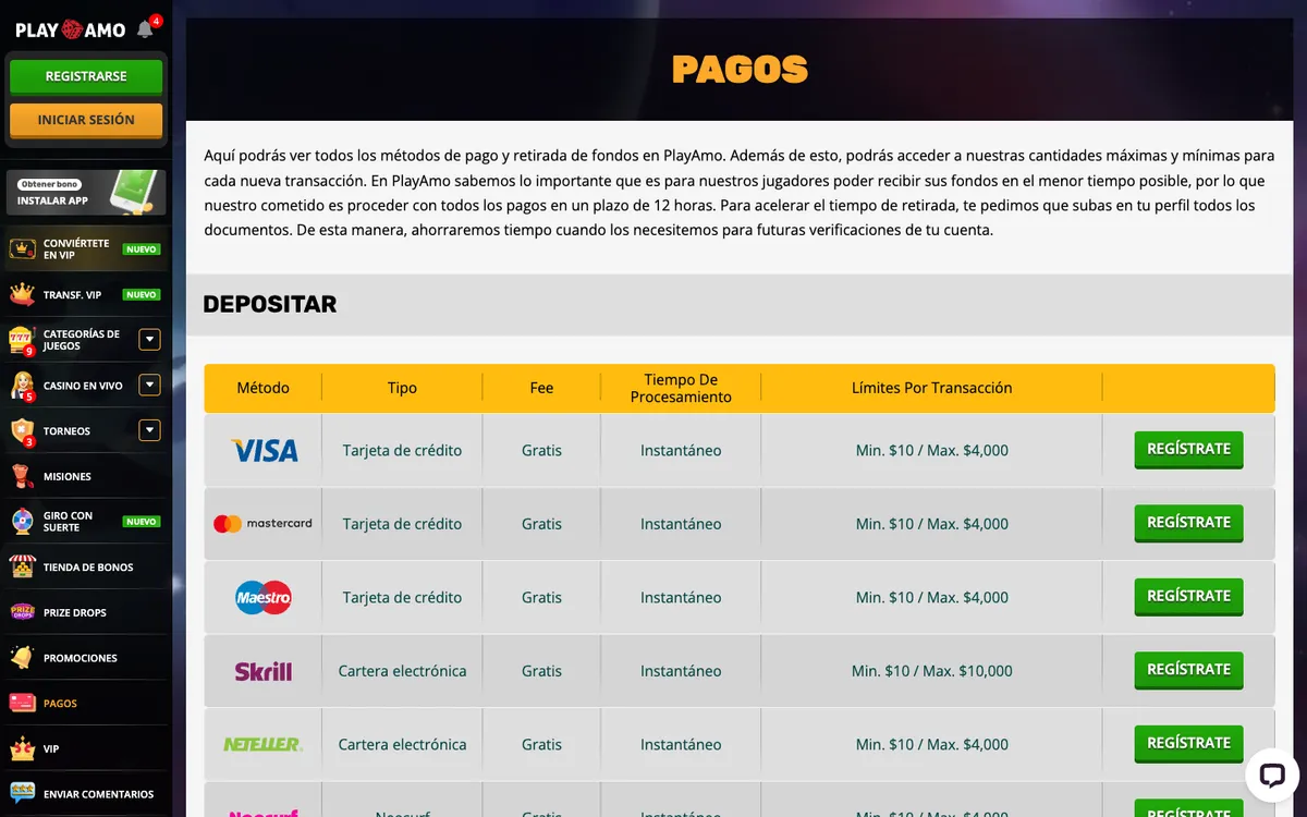 Playamo Casino — «Платежи», снято из страны Испания