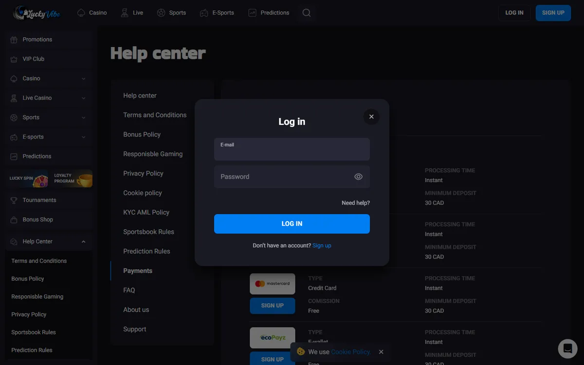 Lucky Vibe Casino — Sign-up, captured from Canada