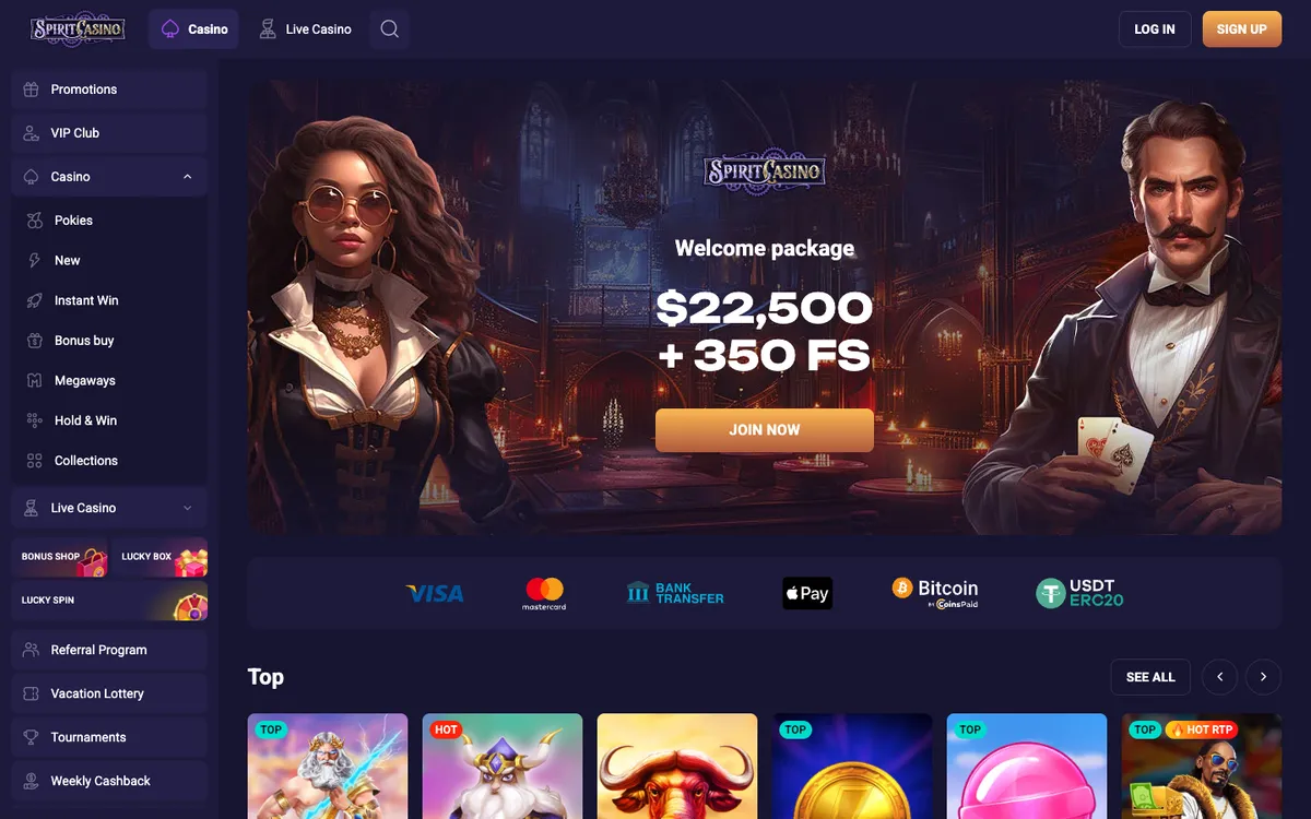 Spirit Casino — Home page, captured from New Zealand