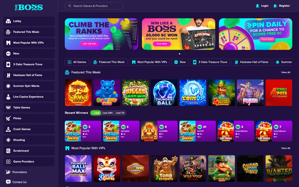 The Boss Casino — Home page, captured from United States