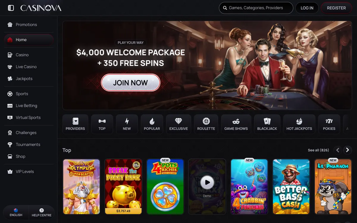 Casinova Casino — Home page, captured from New Zealand