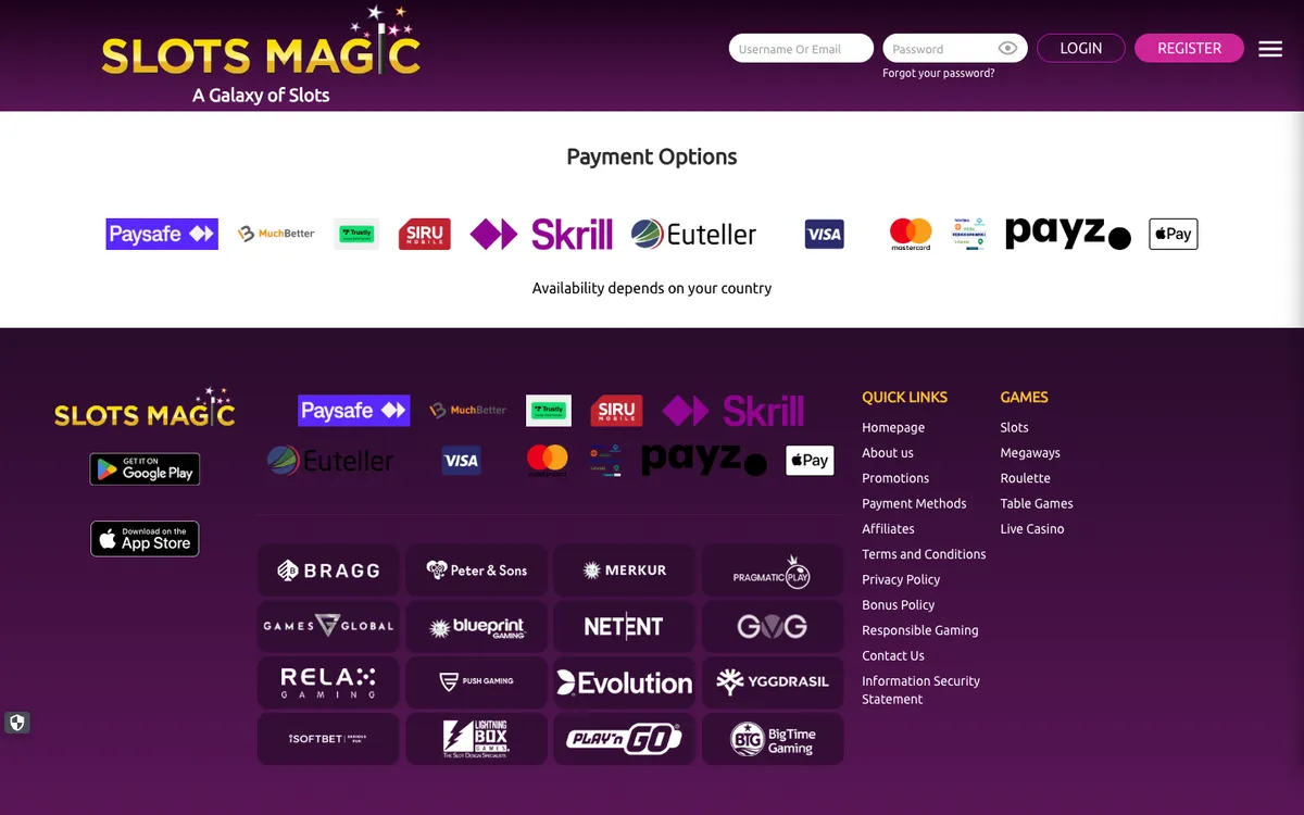 Slots Magic Casino — Payments, captured from Finland