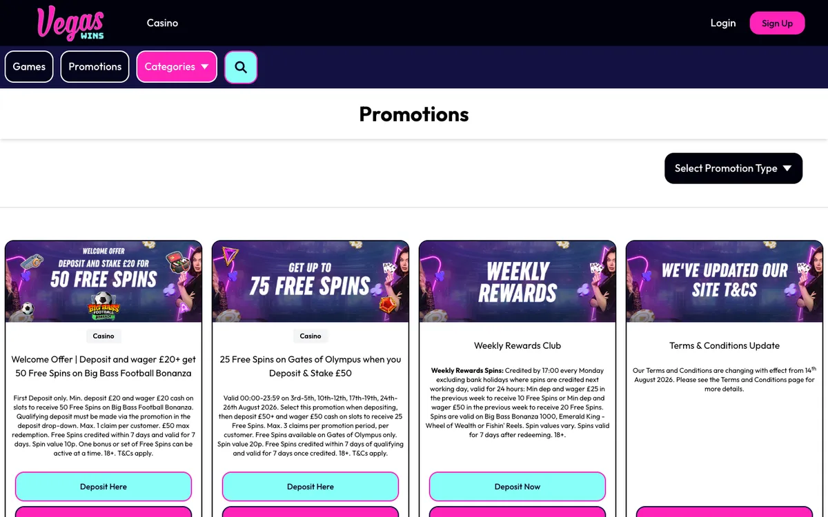 VegasWins Casino — Promotions, captured from United Kingdom