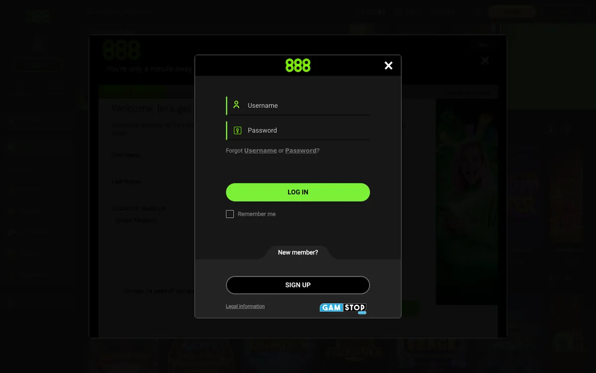 888 Casino — «Регистрация», снято из страны Великобритания