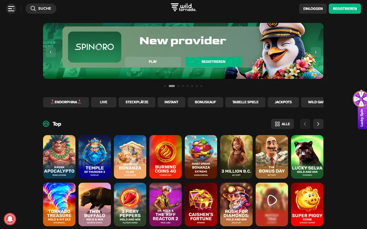 Wild Tornado Casino — Home page, captured from Austria