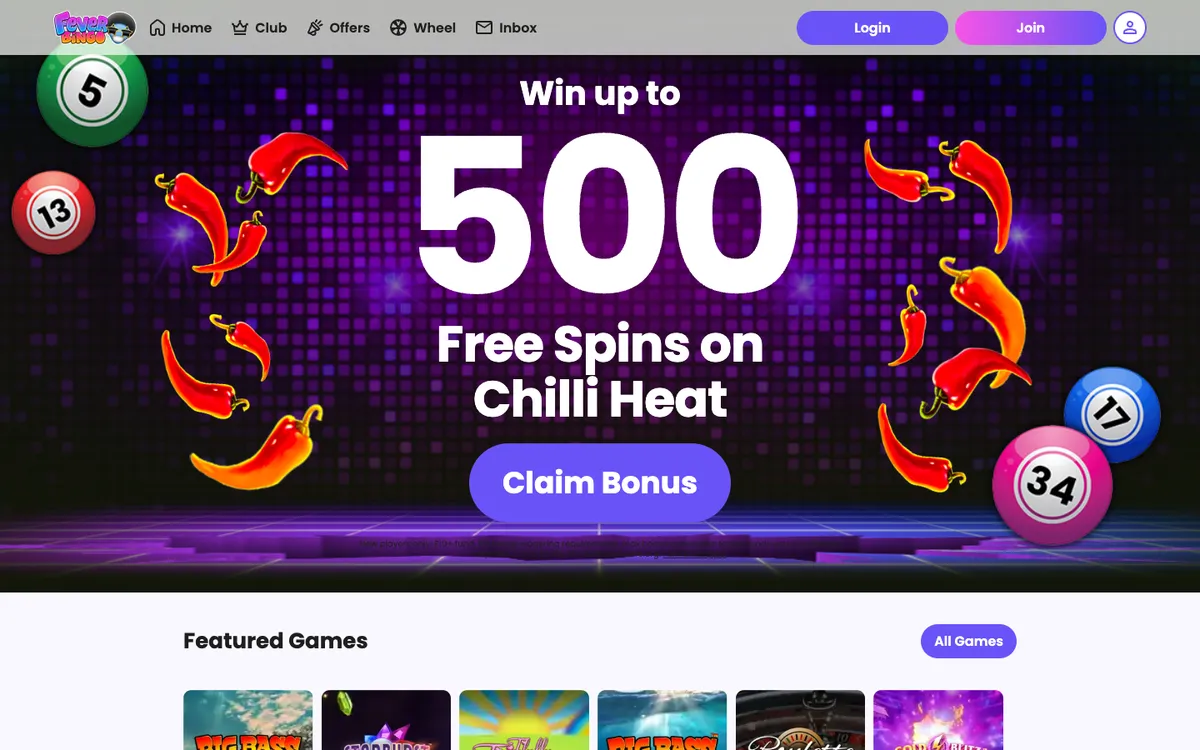 Fever Bingo Casino — Home page, captured from United Kingdom