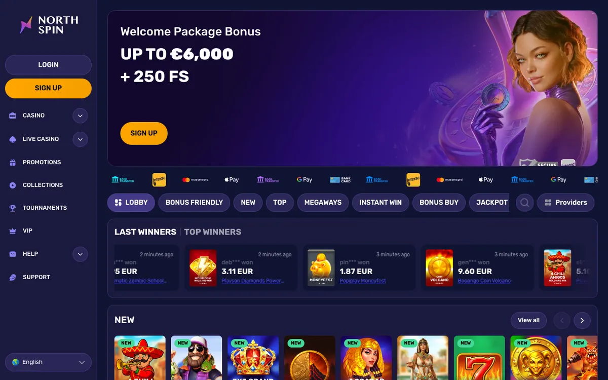 North Spin Casino — Home page, captured from Austria