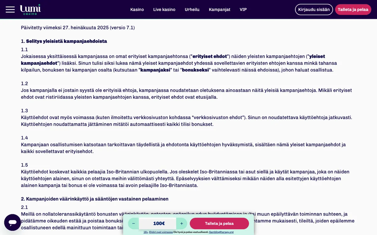 Lumi Casino — Promotions, captured from Finland