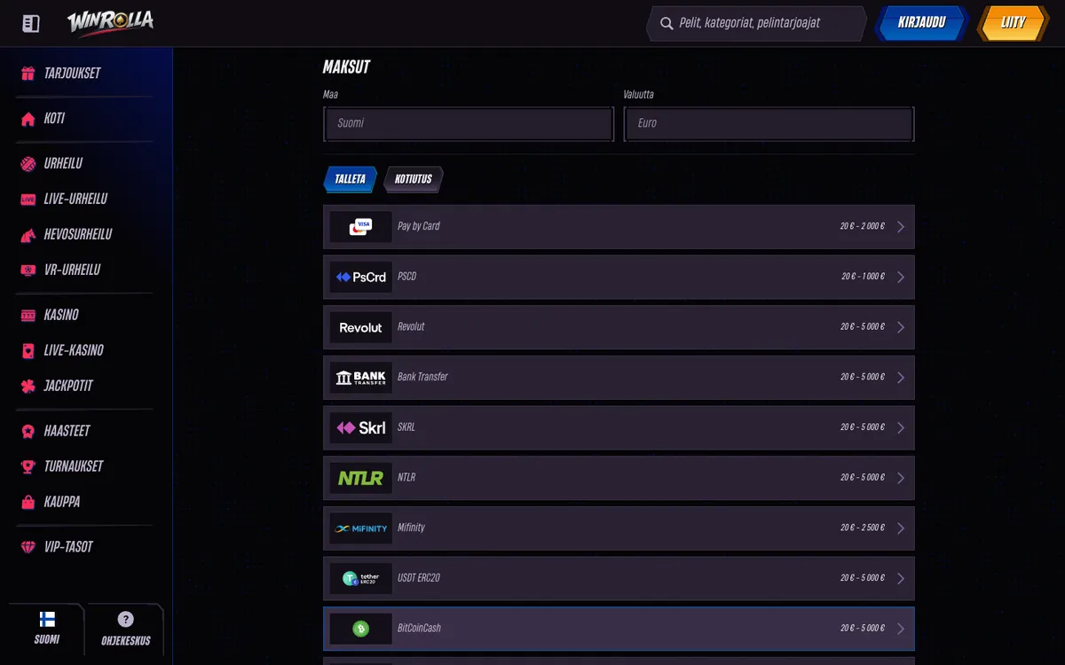 Win Rolla Casino — Payments, captured from Finland