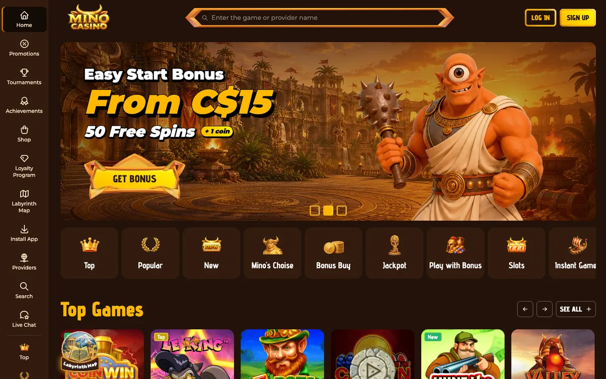 Mino Casino — Home page, captured from Canada