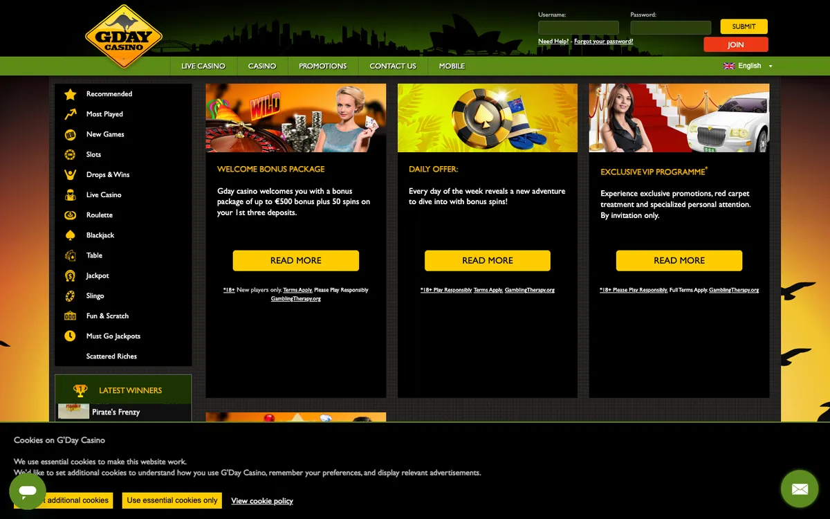 GDay Casino — Promotions, captured from Norway