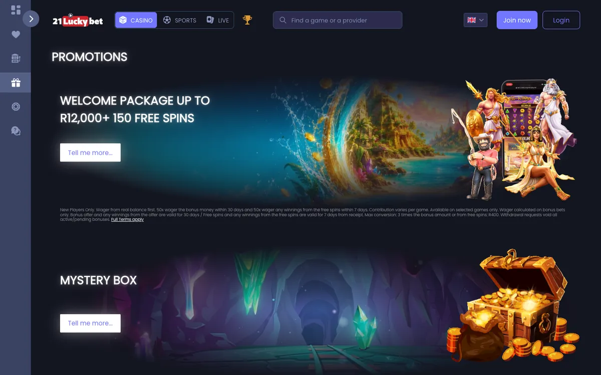 21LuckyBet Casino — Promotions, captured from South Africa