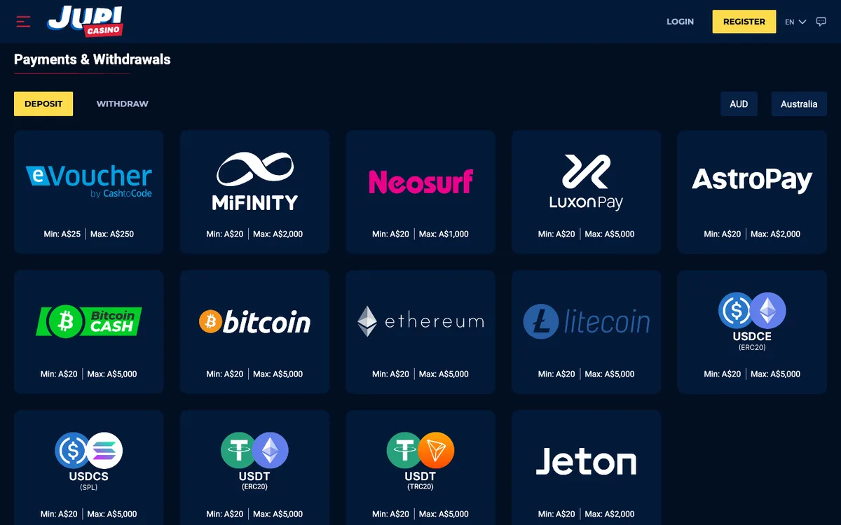 Jupi Casino — Payments, captured from Australia