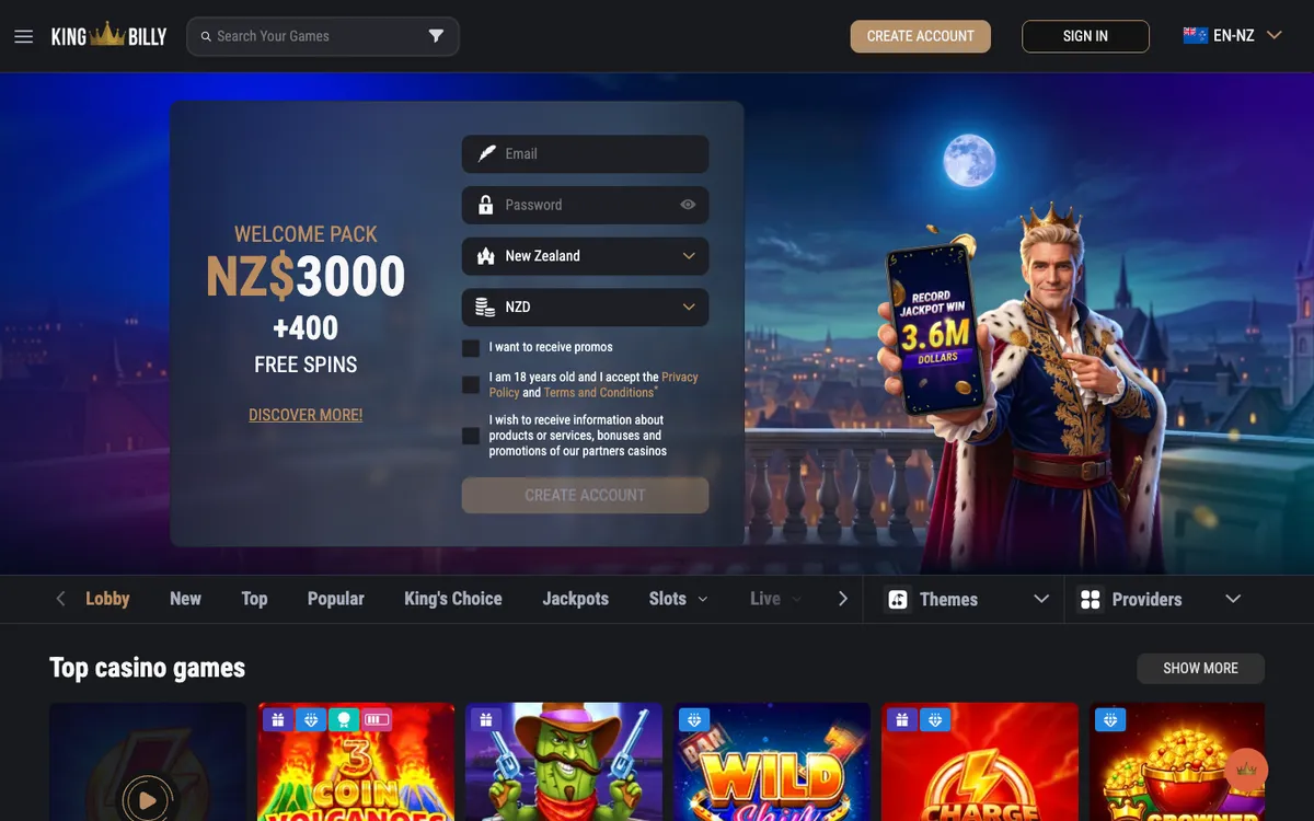 King Billy Casino — Home page, captured from New Zealand