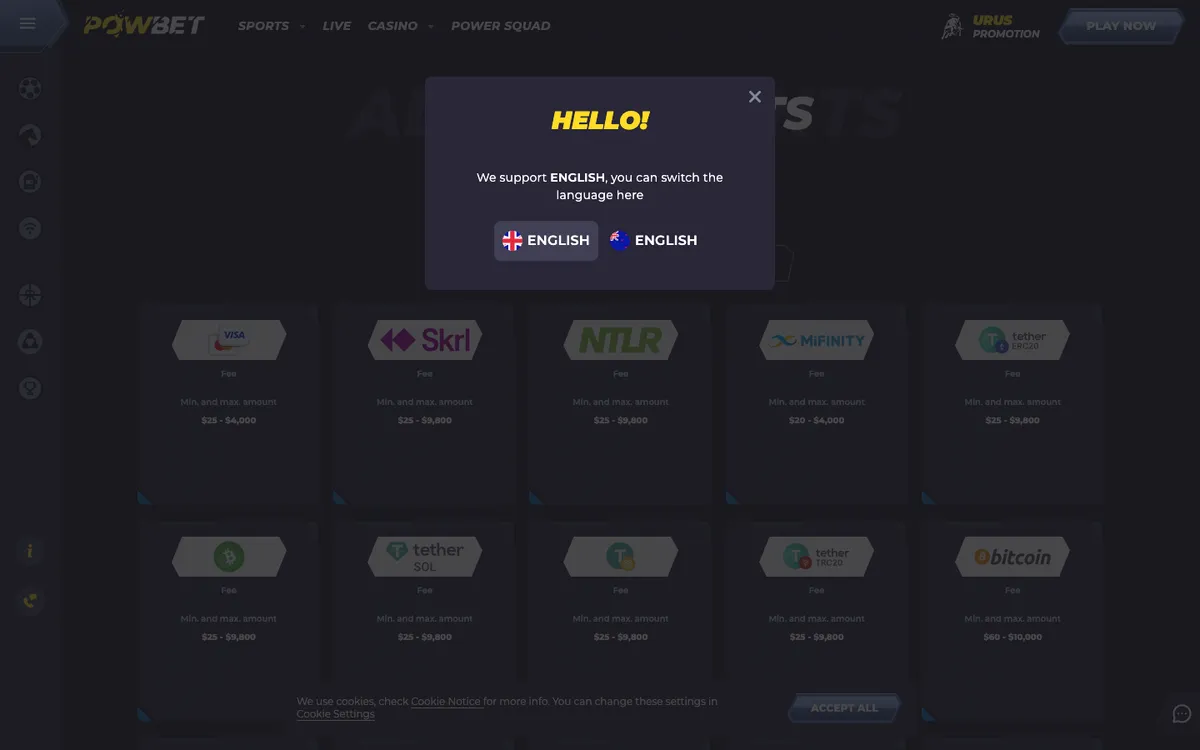 PowBet Casino — Payments, captured from New Zealand