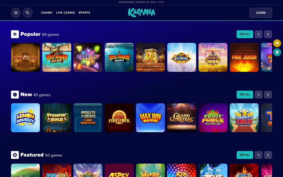 Karamba Casino — Home page, captured from United Kingdom