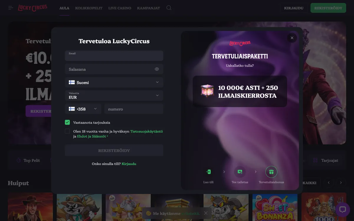 Lucky Circus Casino — «Регистрация», снято из страны Финляндия