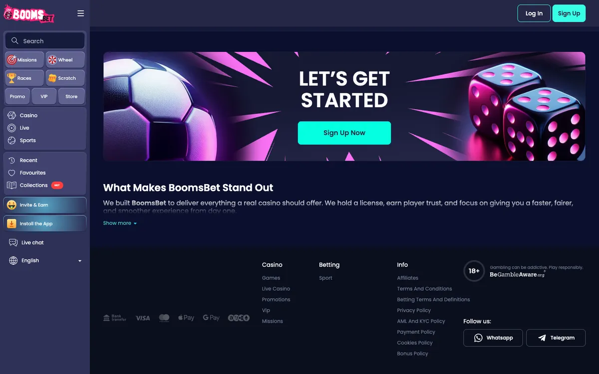 BoomsBet Casino — Home page, captured from New Zealand