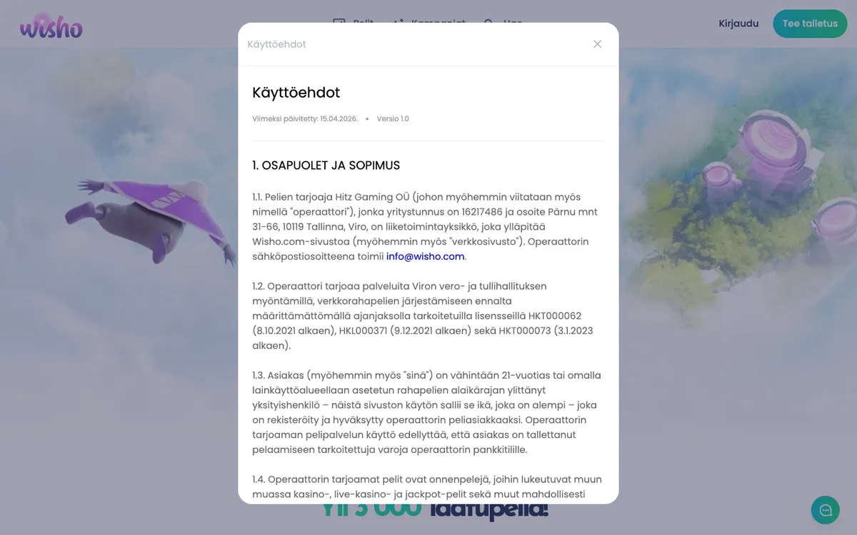 Wisho Casino — Home page, captured from Finland