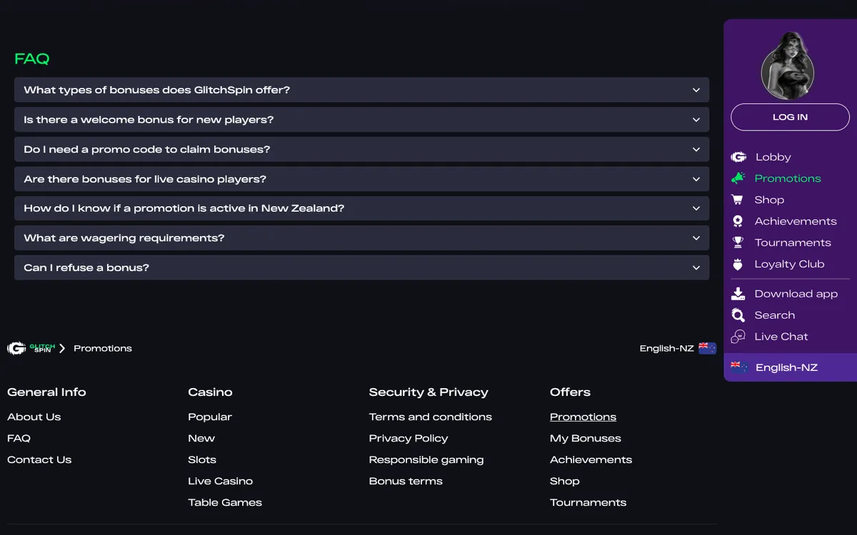 Glitchspin Casino — «Акции», снято из страны Новая Зеландия