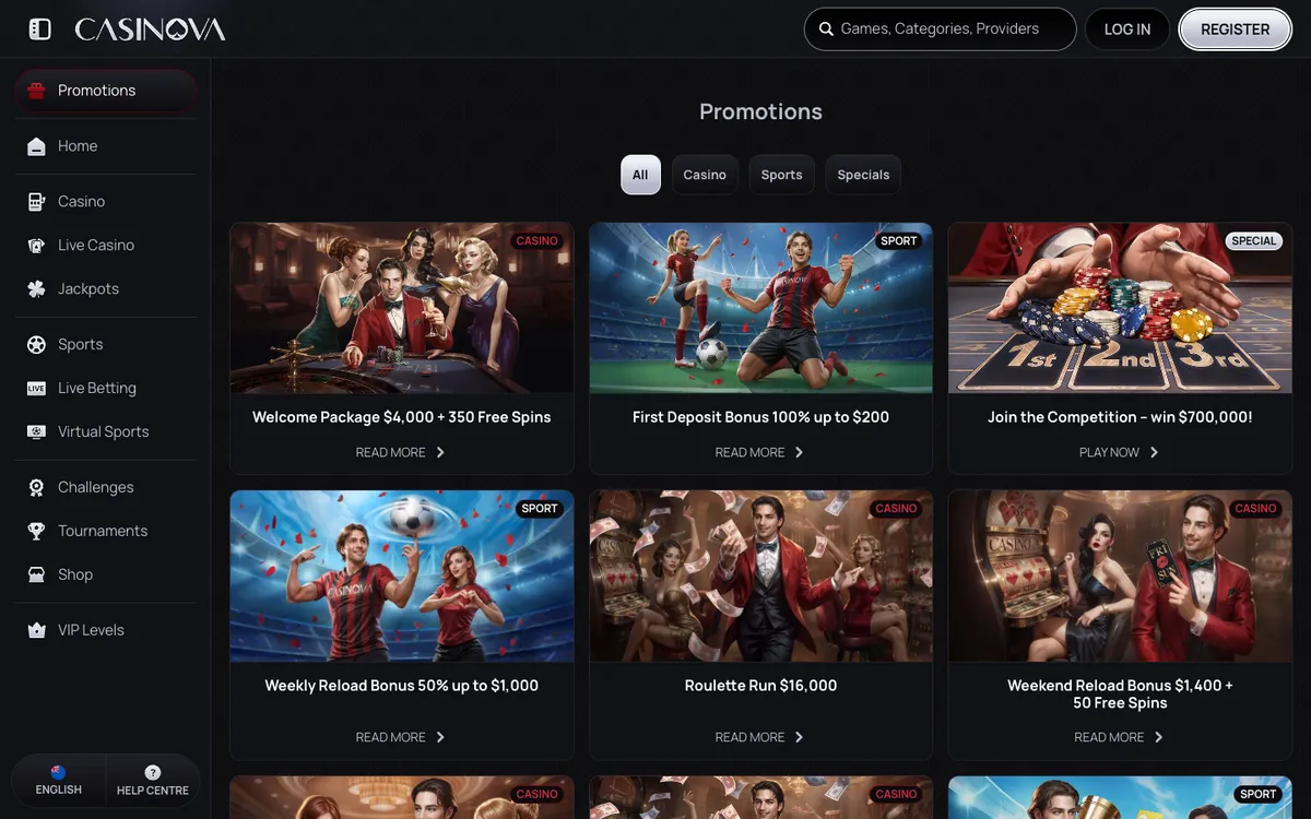 Casinova Casino — Promotions, captured from New Zealand