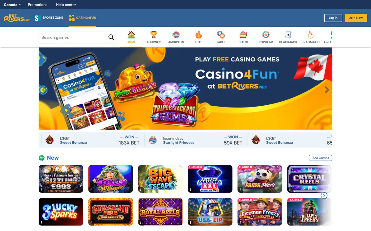 BetRivers Social Casino Ontario — Home page, captured from Canada