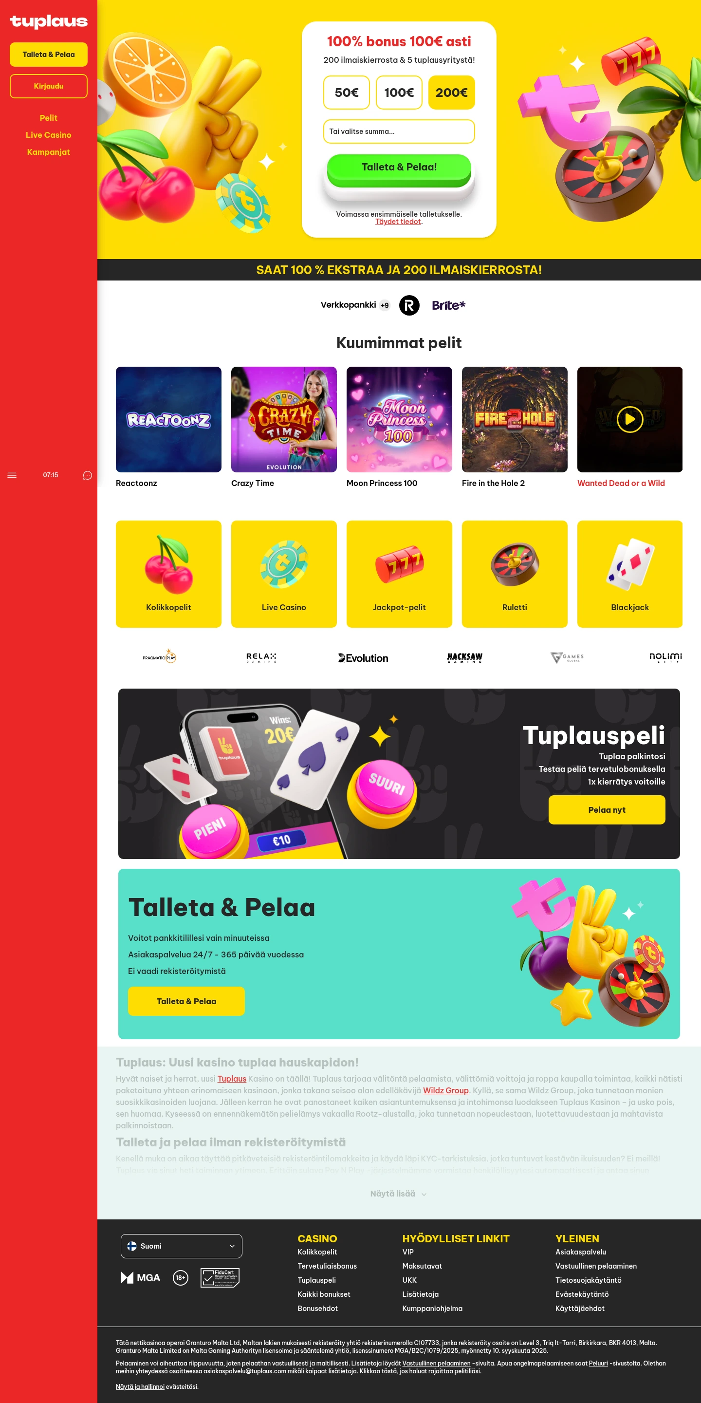 Tuplaus Casino — Home page, captured from Finland