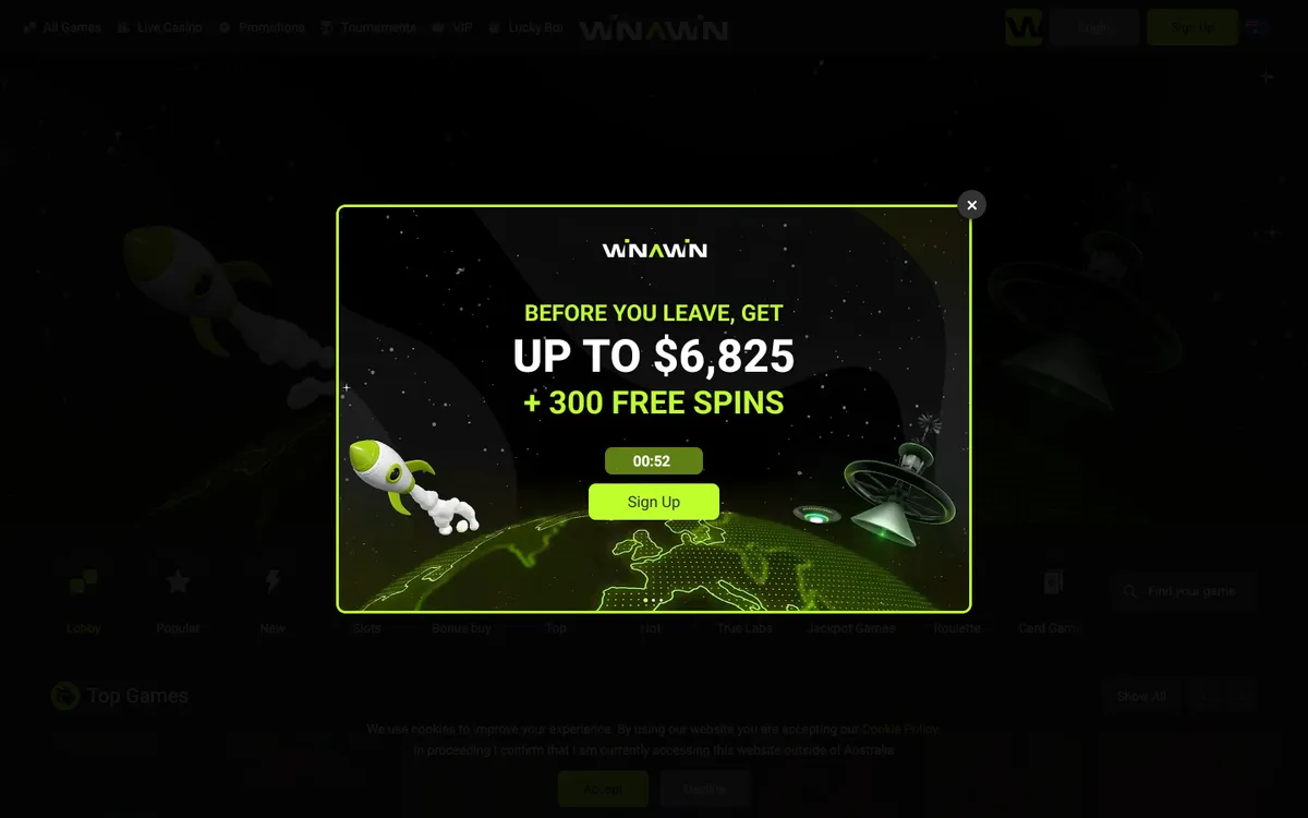 Winawin Casino — «Регистрация», снято из страны Австралия