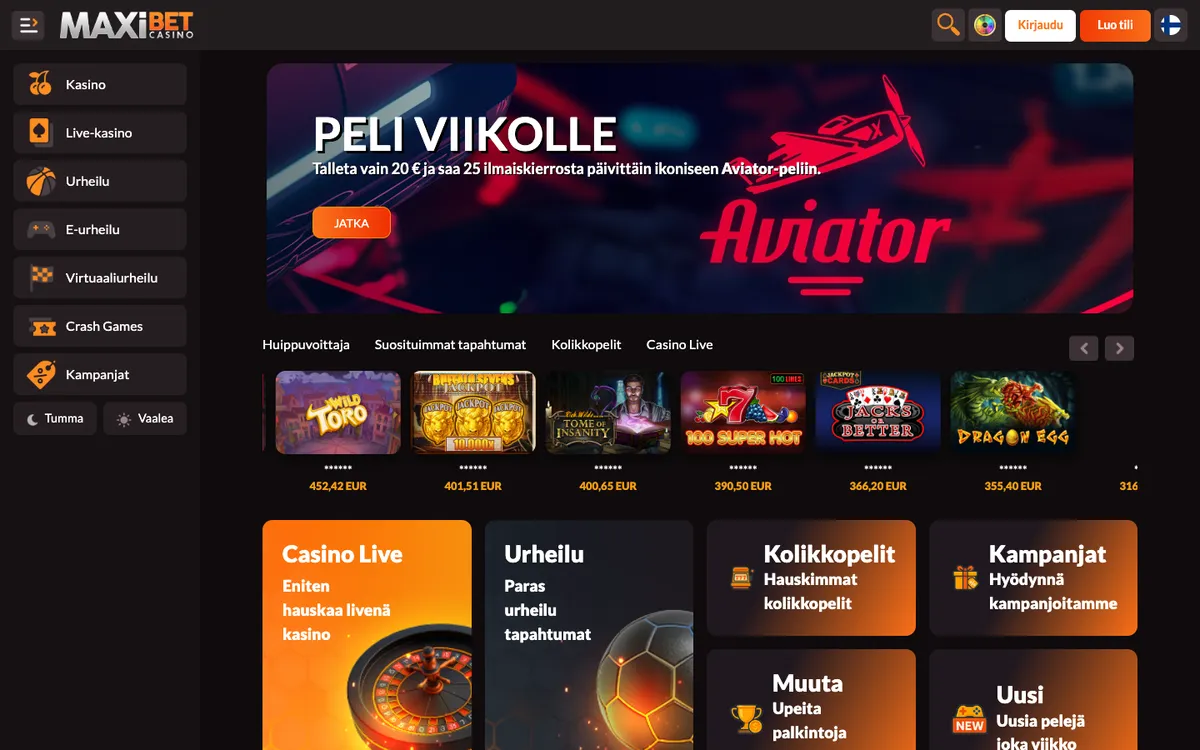 Maxibet Casino — Home page, captured from Finland