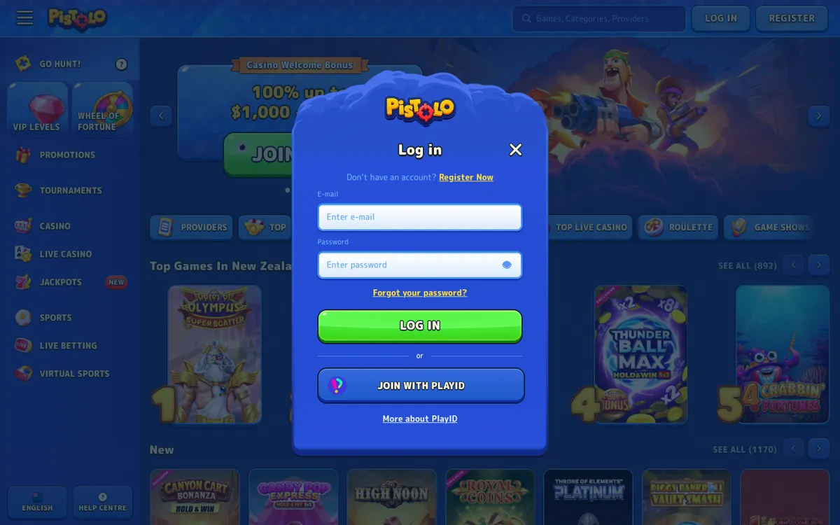 Pistolo Casino — Sign-up, captured from New Zealand