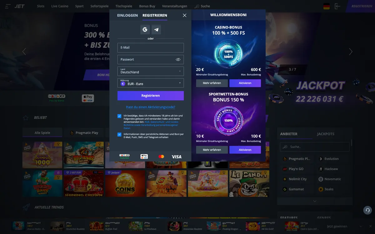 Jet Casino — Home page, captured from Germany
