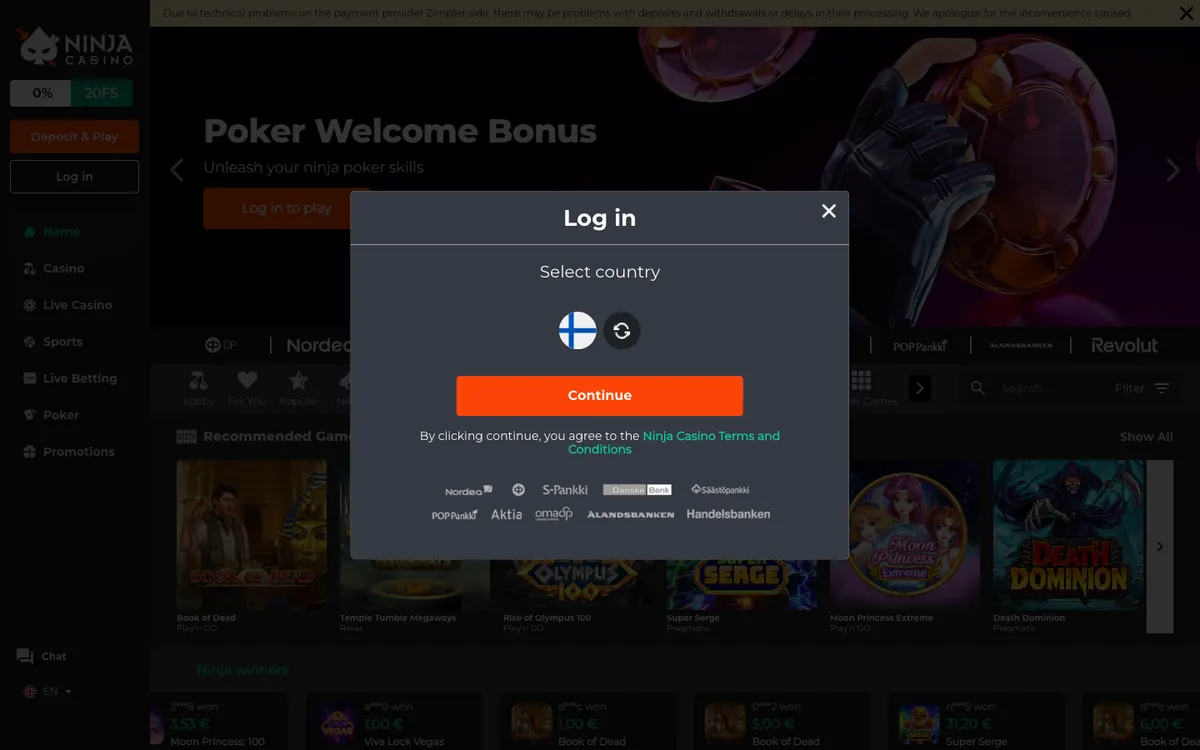 Ninja Casino — «Регистрация», снято из страны Финляндия