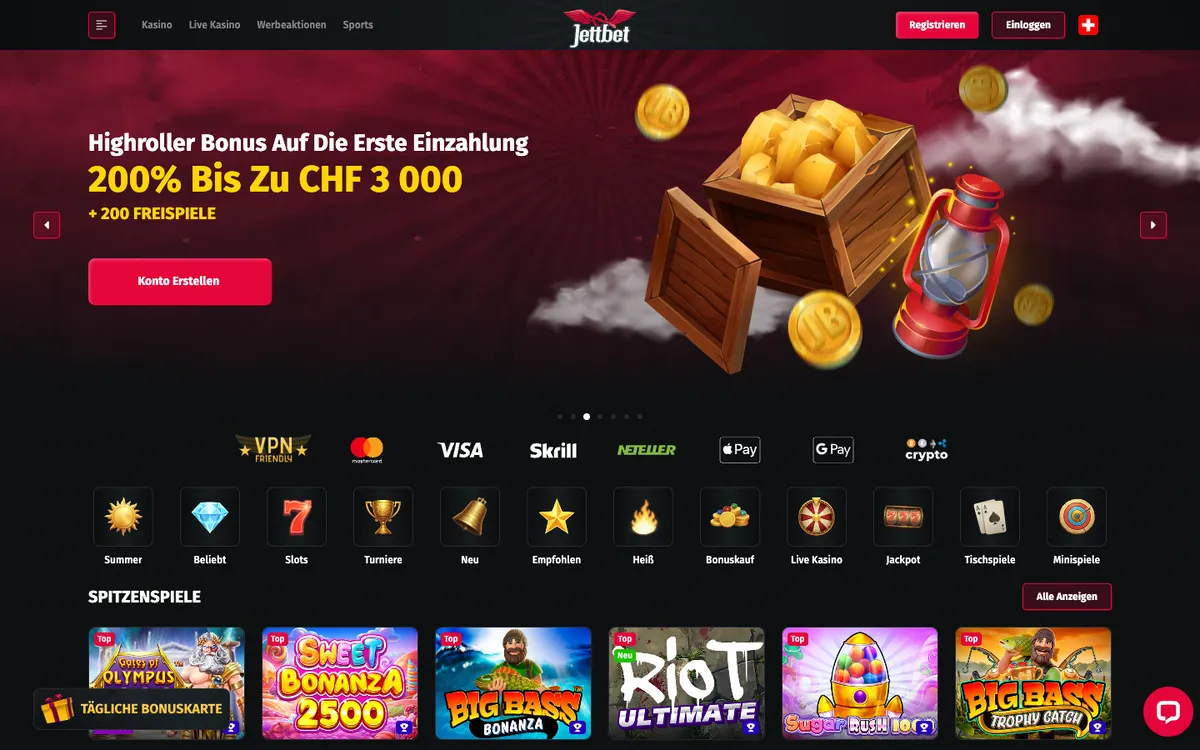 JettBet Casino — Home page, captured from Switzerland