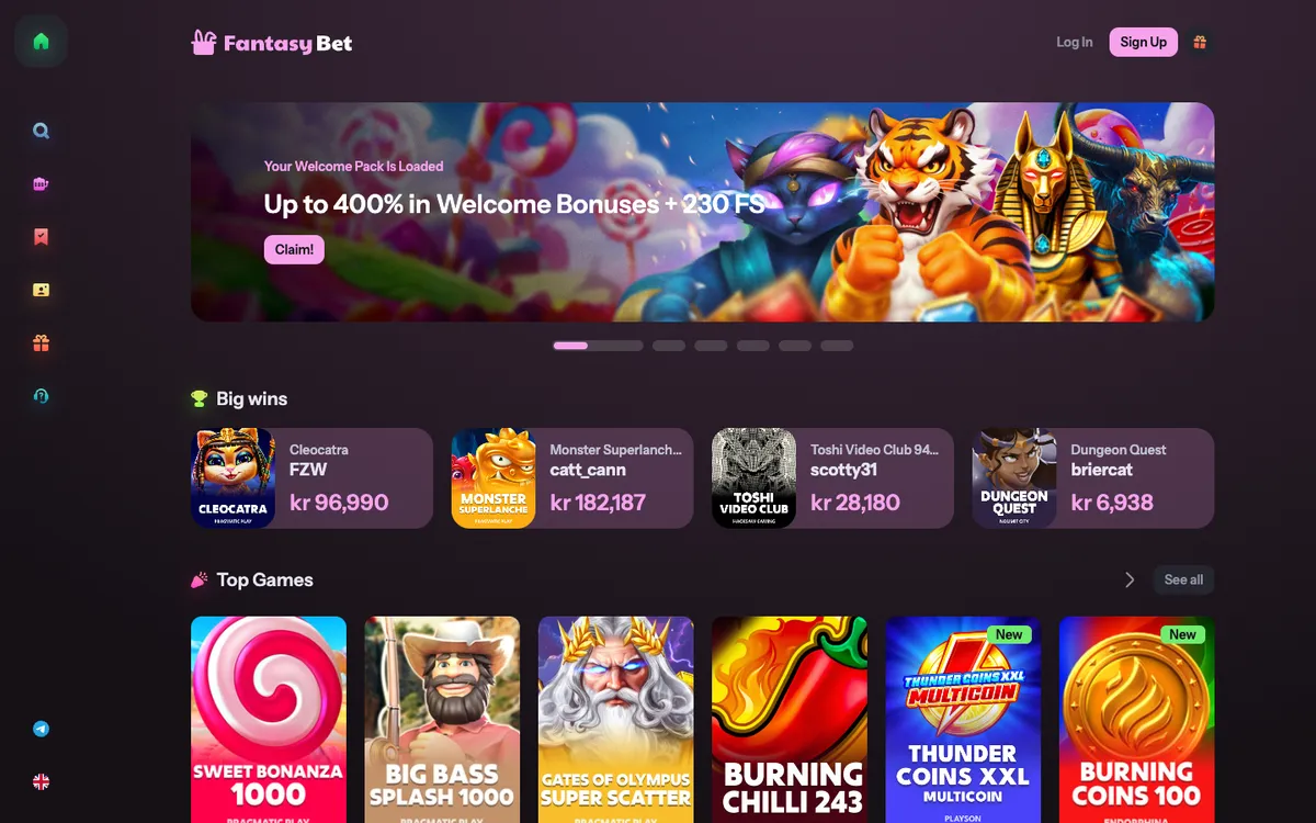 FantasyBet Casino — Home page, captured from Norway
