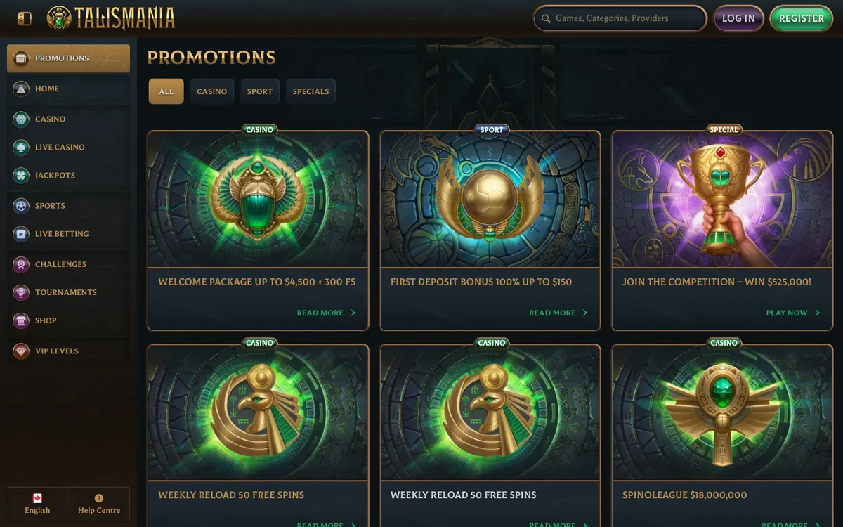 Talismania Casino — Promotions, captured from Canada