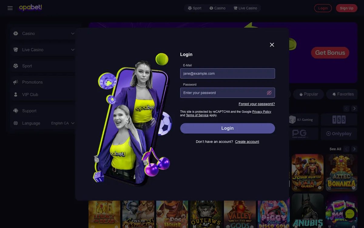 Opabet Casino — Sign-up, captured from Canada