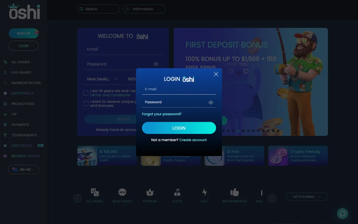 Oshi Casino — Sign-up, captured from New Zealand