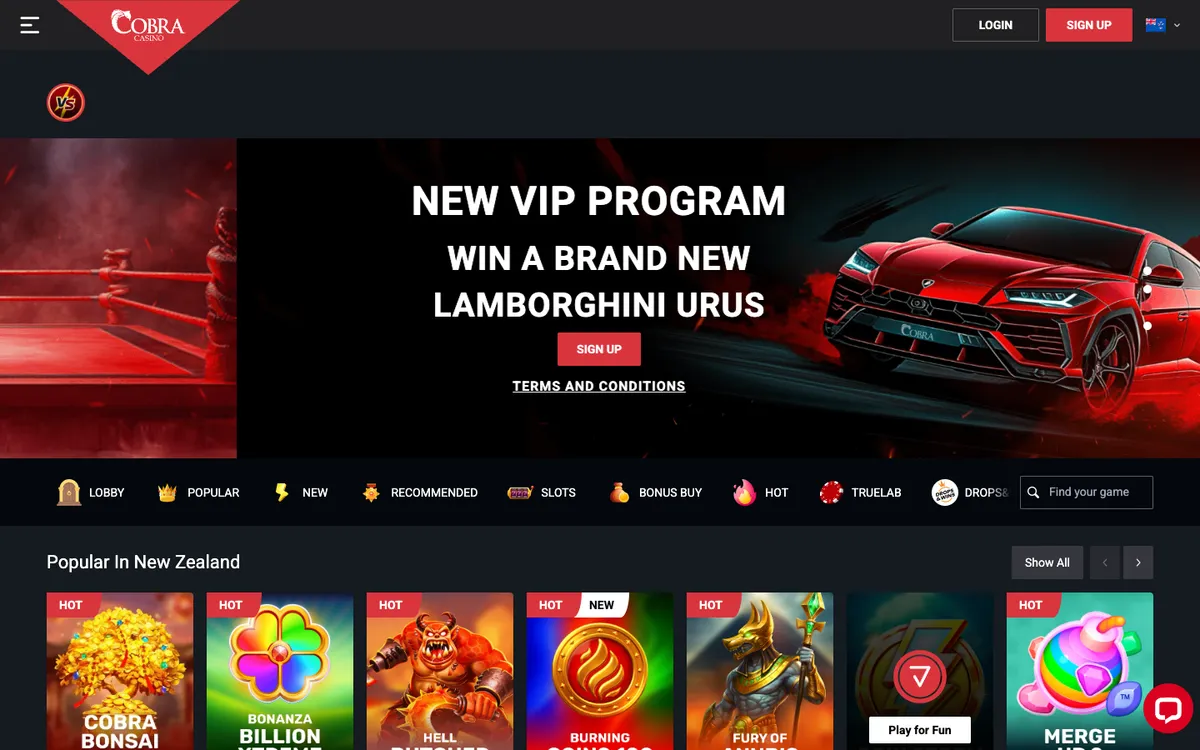 Cobra Casino — «Главная», снято из страны Новая Зеландия
