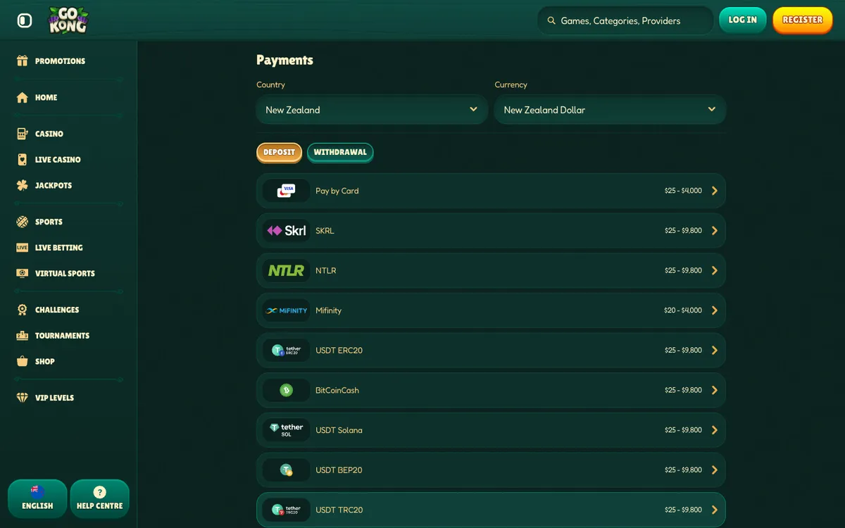 GoKong Casino — Payments, captured from New Zealand